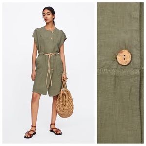 NWOT Zara Olive Green Oversized Mini Linen Dress, Size S